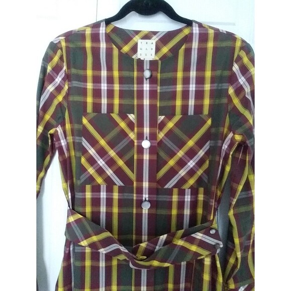 TRA MAD RKE Plaid L/S Cotton Belted Dress Pockets Buttons Vintage FINAL - Picture 2 of 16